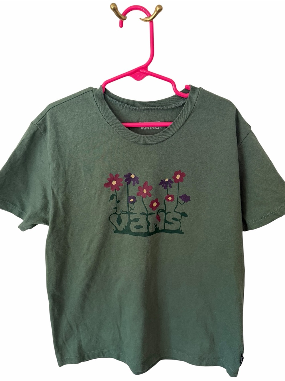 Vans Girls Olive Green Floral Logo Graphic T Shirt Youth Medium 10-12